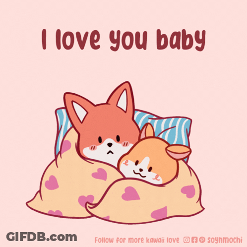 A Fox And A Corgi Sleeping Under A Blanket With The Words " I Love You Baby " On The Bottom GIF