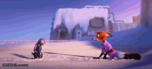A Fox And A Rabbit Are Standing In The Snow GIF