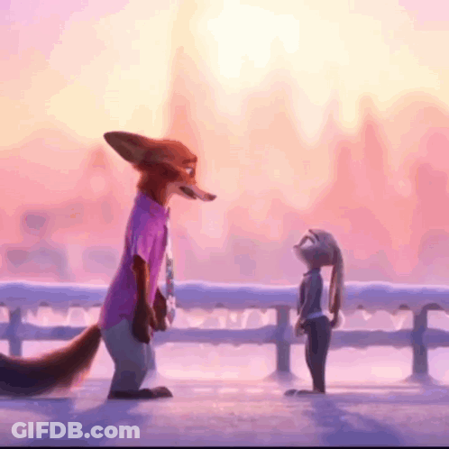 A Fox And A Rabbit Are Standing Next To Each Other On A Snowy Bridge . GIF