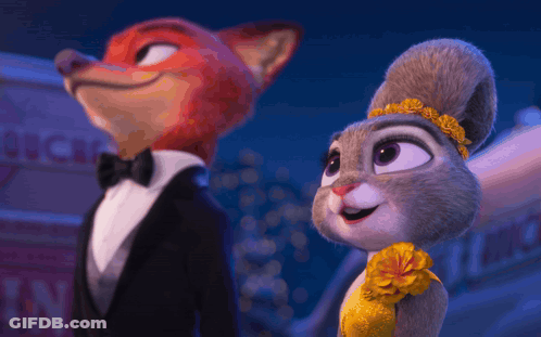 A Fox And A Rabbit Are Standing Next To Each Other GIF