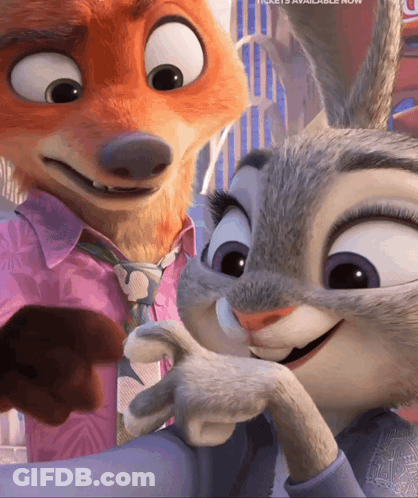 A Fox And A Rabbit Are Standing Next To Each Other With Tickets Available Now GIF
