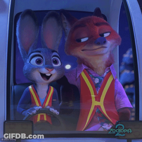 A Fox And A Rabbit In A Car With Zootopia 2 Written On The Side GIF