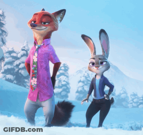 A Fox And A Rabbit Standing In The Snow GIF