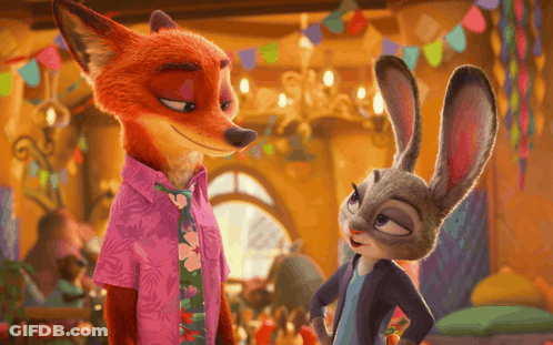 A Fox And A Rabbit Standing Next To Each Other In A Room GIF