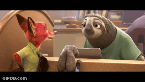 A Fox And A Sloth Are Looking At Each Other In A Zootopia Scene GIF