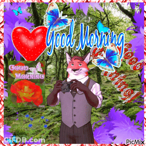 A Fox Is Holding A Camera In Front Of A Good Morning Sign GIF