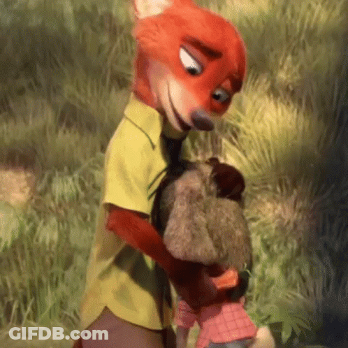 A Fox Is Holding A Stuffed Animal In His Arms While Standing Next To A Rabbit . GIF