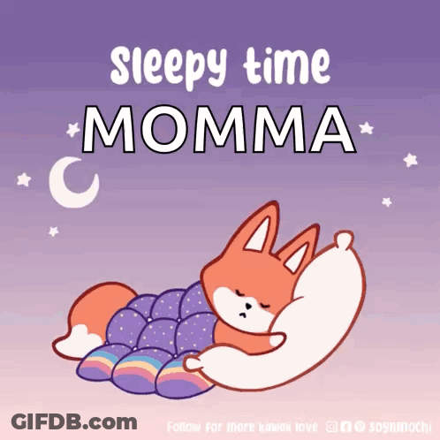 A Fox Is Sleeping On A Purple Blanket With The Words Sleepy Time Momma Above It GIF