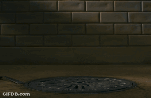 A Fox With A Fork And Knife Sticking Its Head Out Of A Manhole Cover GIF