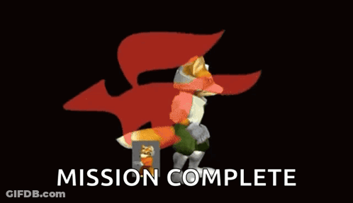 A Fox With A Red Cape Is Standing In Front Of An Arrow And The Words Mission Complete . GIF