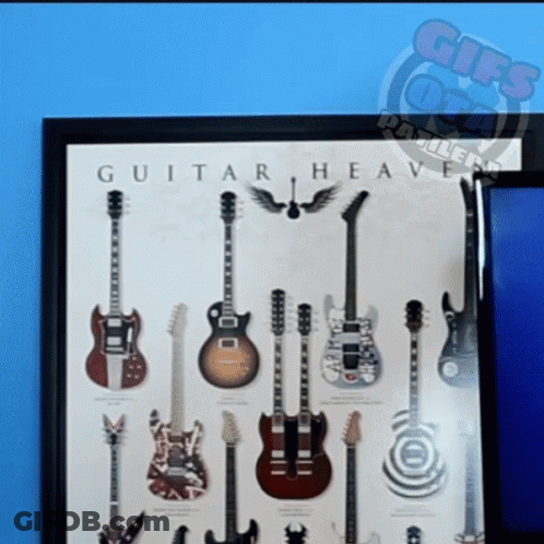 A Framed Guitar Heaven Poster With Many Different Guitars GIF
