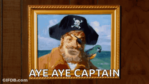 A Framed Painting Of A Pirate With Aye Aye Captain Written On The Bottom GIF