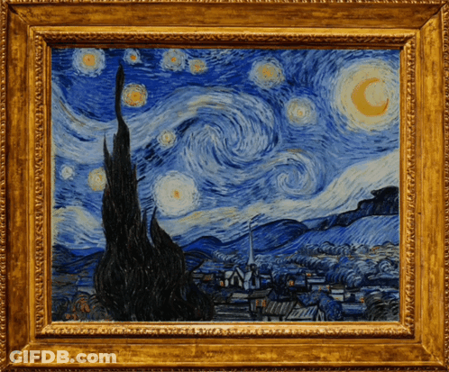 A Framed Painting Of A Starry Night Sky With A Crescent Moon GIF