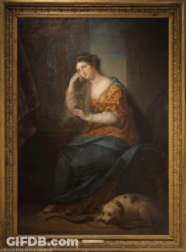 A Framed Painting Of A Woman With A Cell Phone GIF