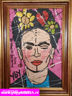 A Framed Painting Of Frida Kahlo With The Website Www.ybypotlatch.nl In The Corner GIF