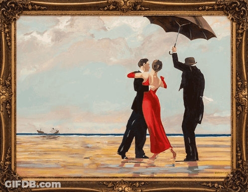 A Framed Painting Of Three People Dancing On The Beach GIF
