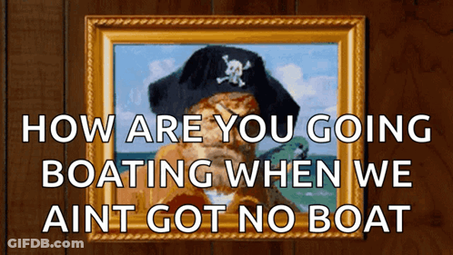 A Framed Picture Of A Cat Wearing A Pirate Hat Says How Are You Going Boating GIF