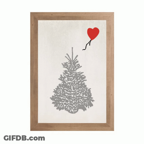 A Framed Picture Of A Christmas Tree With A Red Heart Balloon Hanging From It GIF