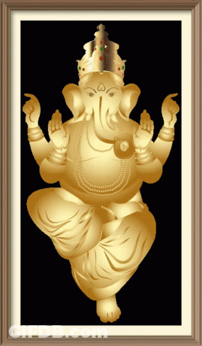 A Framed Picture Of A Golden Elephant With A Crown GIF