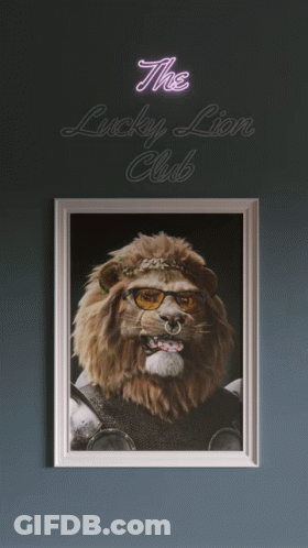 A Framed Picture Of A Lion With Glasses And A Neon Sign That Says The Lucky Lion Club Above It GIF