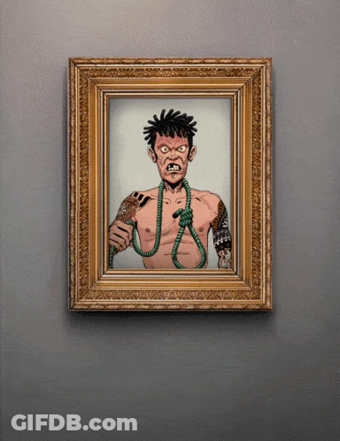 A Framed Picture Of A Man With Dreadlocks And Tattoos GIF