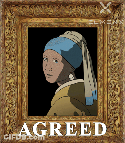 A Framed Picture Of A Woman With A Pearl Earring And The Word Agreed Below It GIF