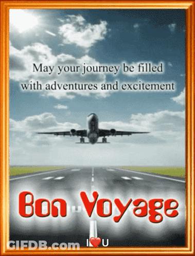 A Framed Picture Of An Airplane Taking Off With The Words " May Your Journey Be Filled With Adventures And Excitement " GIF