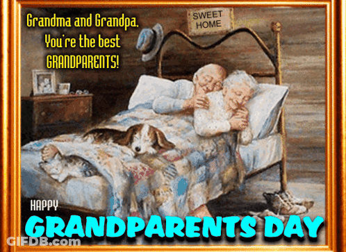 A Framed Picture Of An Elderly Couple Laying In Bed With A Dog And The Words Grandparents Day GIF