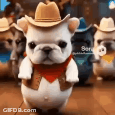 A French Bulldog Wearing A Cowboy Hat And Vest Is Walking On A Wooden Floor . GIF