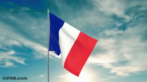 A French Flag Is Waving In The Wind Against A Cloudy Blue Sky GIF