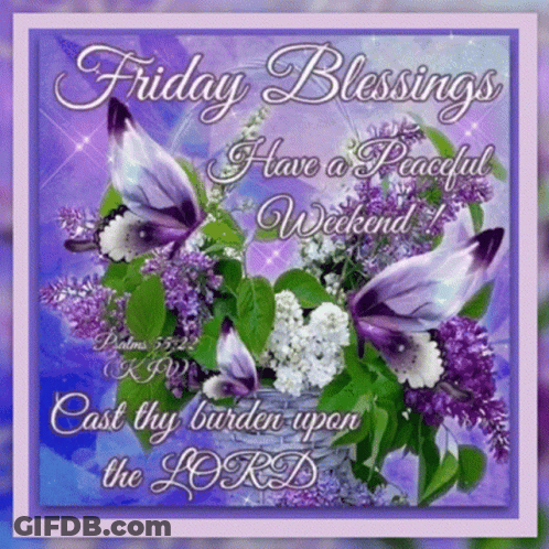 A Friday Blessings Card With Purple Butterflies And Flowers GIF