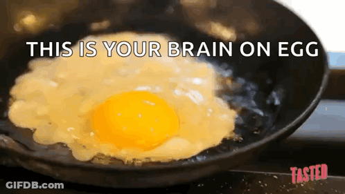 A Fried Egg In A Frying Pan With The Words This Is Your Brain On Egg GIF
