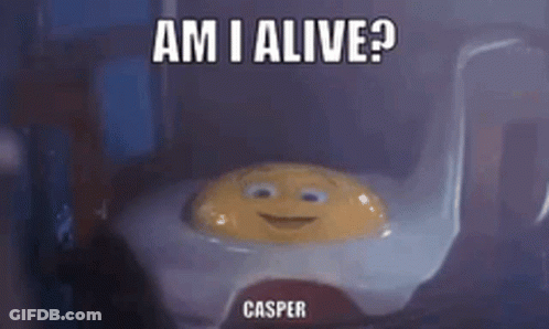 A Fried Egg With A Face On It And The Words `` Am I Alive '' . GIF