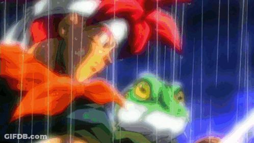 A Frog And A Girl Are In The Rain With A Flower In The Background GIF