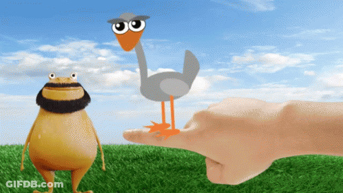 A Frog And An Ostrich Standing Next To Each Other On A Grassy Field GIF