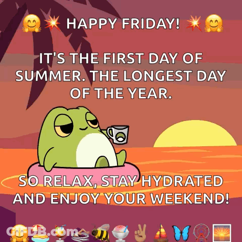 A Frog Drinking A Cup Of Coffee On A Float With The Words Happy Friday GIF