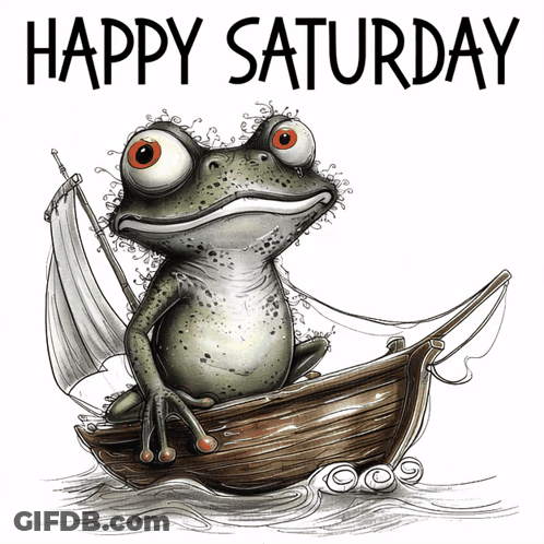 A Frog In A Boat With The Words Happy Saturday Behind It GIF