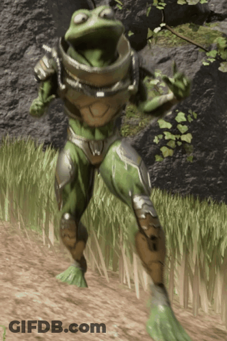 A Frog In Armor Is Standing In A Field Of Grass GIF