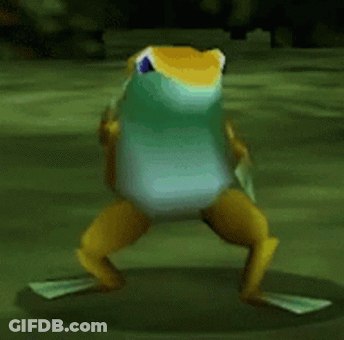 A Frog Is Dancing In A Video Game And Looking At The Camera . GIF