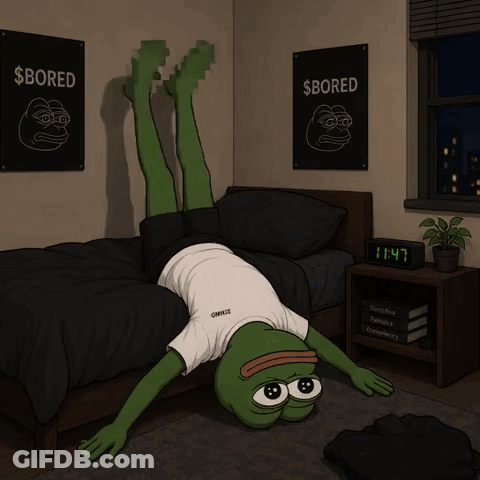 A Frog Is Doing A Handstand In A Bedroom With Posters That Say $ Bored GIF