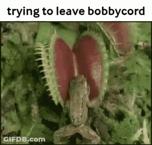 A Frog Is Eating A Carnivorous Plant With A Caption That Says `` Trying To Leave Bobbycord '' . GIF