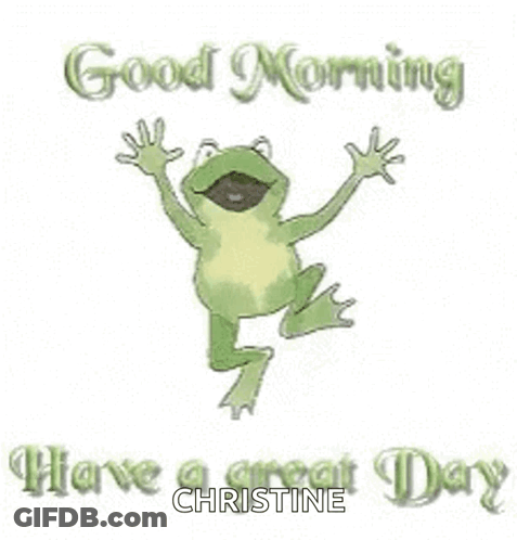 A Frog Is Jumping In The Air With The Words `` Good Morning Have A Great Day '' Written Below It . GIF