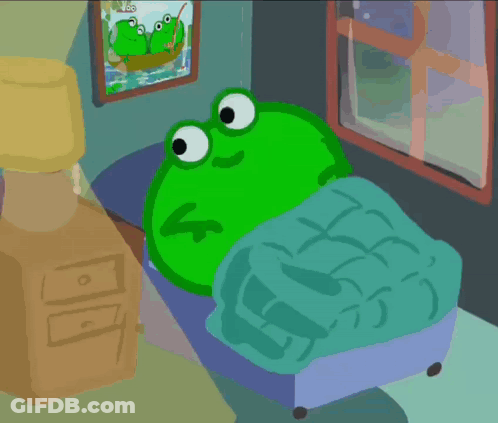 A Frog Is Laying In A Bed With A Picture Of Two Frogs On The Wall GIF