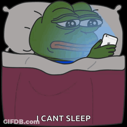 A Frog Is Laying In Bed Looking At A Cell Phone With The Words " I Cant Sleep " Below It GIF