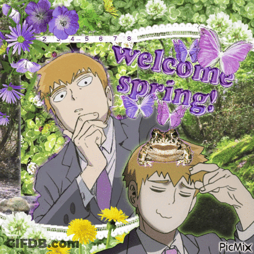 A Frog Is On A Man 'S Head With The Words Welcome Spring GIF