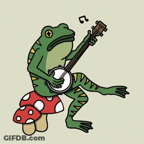 Frog Playing Banjo Sitting On Mushroom GIF