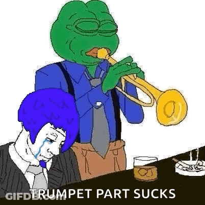 A Frog Is Playing A Trumpet Next To A Man With A Blue Hair . GIF
