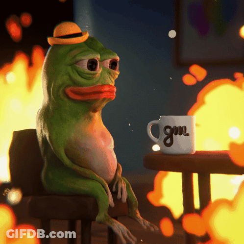 A Frog Is Sitting At A Table With A Mug That Says Gm On It GIF