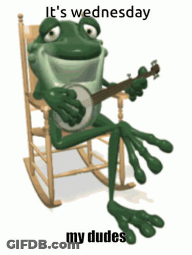 A Frog Is Sitting In A Rocking Chair Playing A Banjo And The Words It 'S Wednesday My Dudes GIF