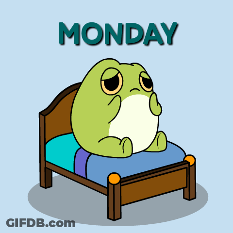 A Frog Is Sitting On A Bed With The Word Monday Behind It GIF